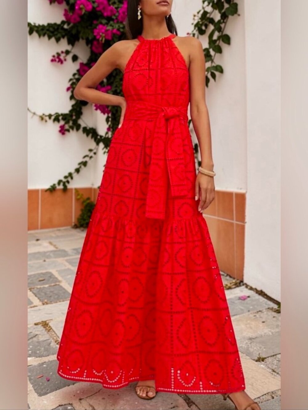 NWT Eyelet Halter Flare Maxi Dress